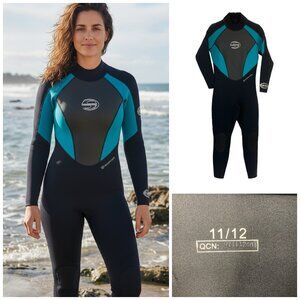 Deep See Woman’s Sz 11/12 Wetsuit Black & Aqua Full Length 3 mm Neoprene Scuba